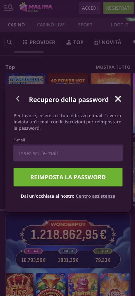 Modulo recupero password con campo email e pulsante reimposta