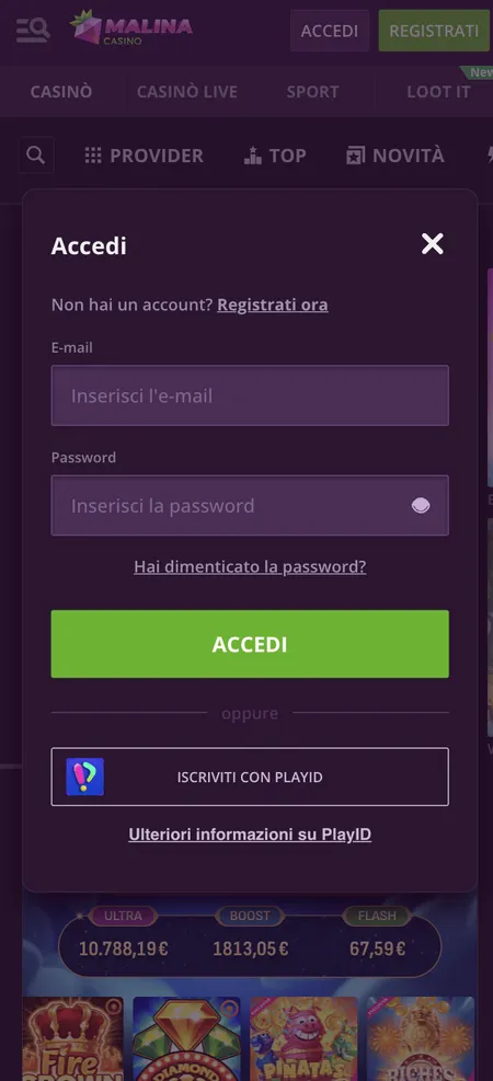 Schermata login Malina Casino con email e password