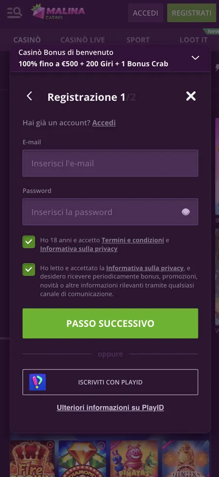 Form di registrazione Malina Casino passo 1